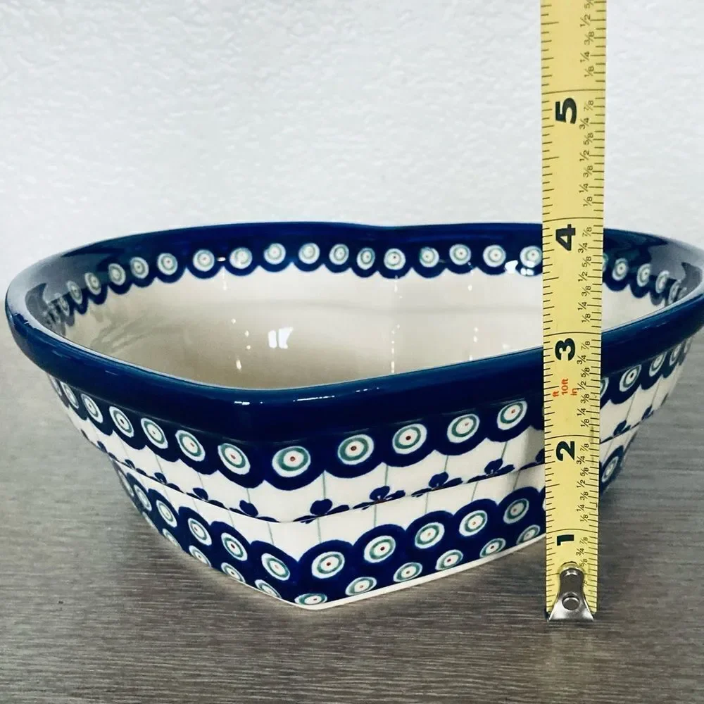 Boleslawiec Heart Shape Peacock Polish Pottery Ceramic Bowl Dish